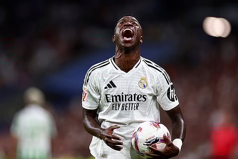La Liga 2024-25 Real Madrid vs Real Betis: Real Madrid's Vinicius Junior reacts during the match